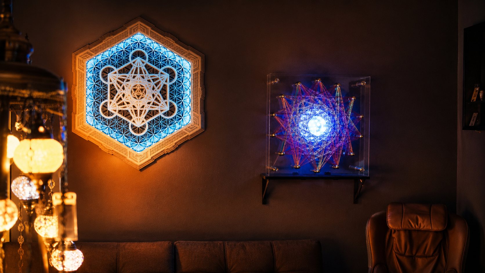 Sacred geometry art and massage chair in the Quantum Room